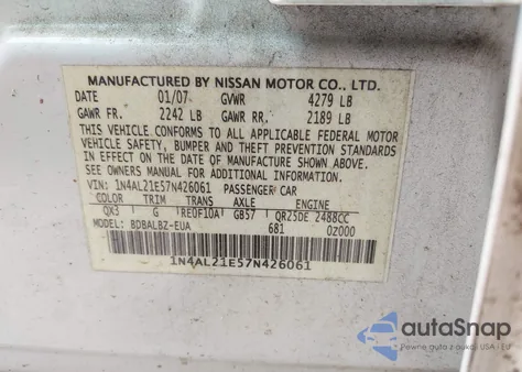 2007 Nissan Altima 2.5 S из США, поврежденный, VIN 1N4AL21E57N426061